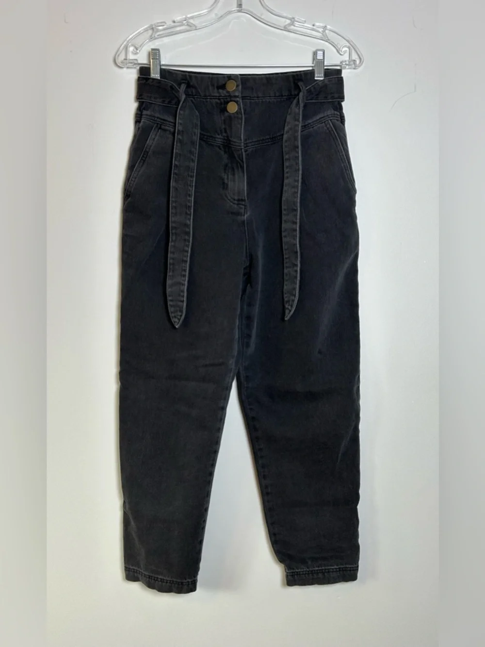 & other stories black high waist jeans size 4 belted cropped straight leg - Picture 2 of 12